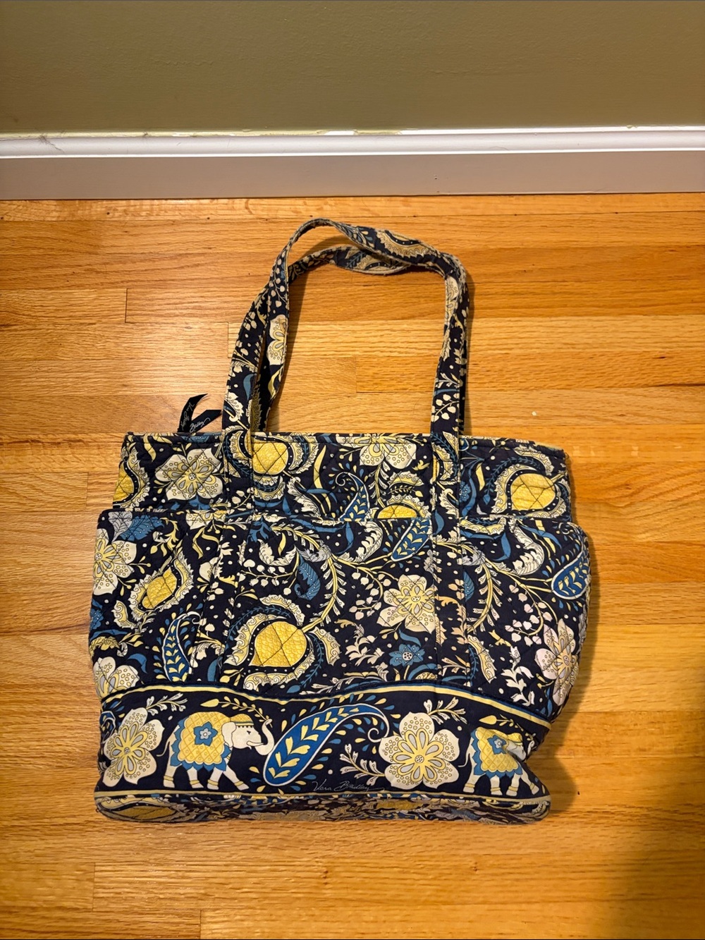 Vera Bradley Quilted Tote Bag Lucky Elephants Paisley Navy Yellow Shoulder Bag